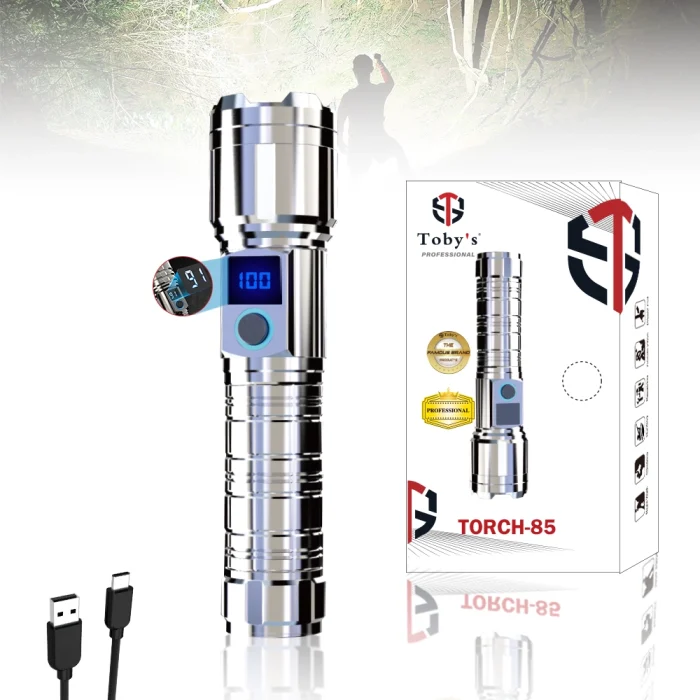 Toby’s TORCH-85 High Lumen Tactical Flashlight with LED Light Power Display Screen USB-C Charging and Rugged Metallic Body