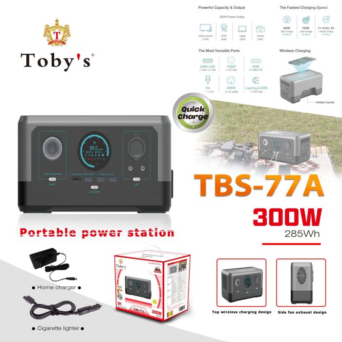 Toby's TBS- 77A 300Wh Portable Power Station 150W Max Wireless Charge 77000mAh Powerful Powerbank for Outdoor Blackout Camping