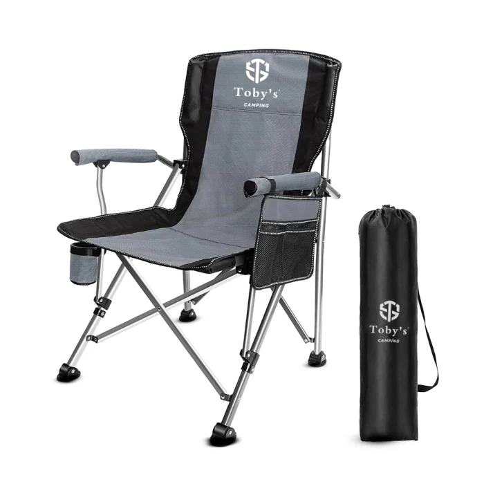 Toby's Camping Chair-08 Folding Heavy-Duty Quad Outdoor Large Chairs Support 330 lbs High Back Padded Thicken Oxford with Armrests Cup Holder Carry Bag for Outside (Grey)