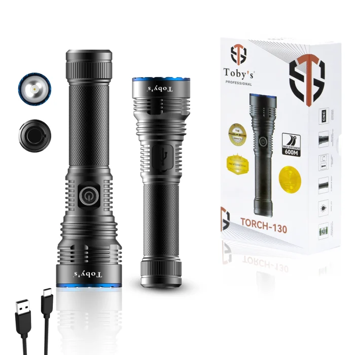 Toby's Torch-130 Rechargeable LED Flashlight with Great Lumen Bright Powerful Torch Light - High Strength Aluminum Alloy - Long Lasting Battery Life