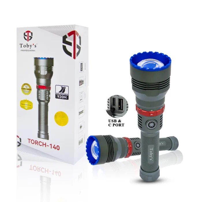 Toby's Torch-140 Rechargeable LED Flashlight with Great Lumen Bright Powerful Torch Light - High Strength Aluminum Alloy - Long Lasting Battery Life