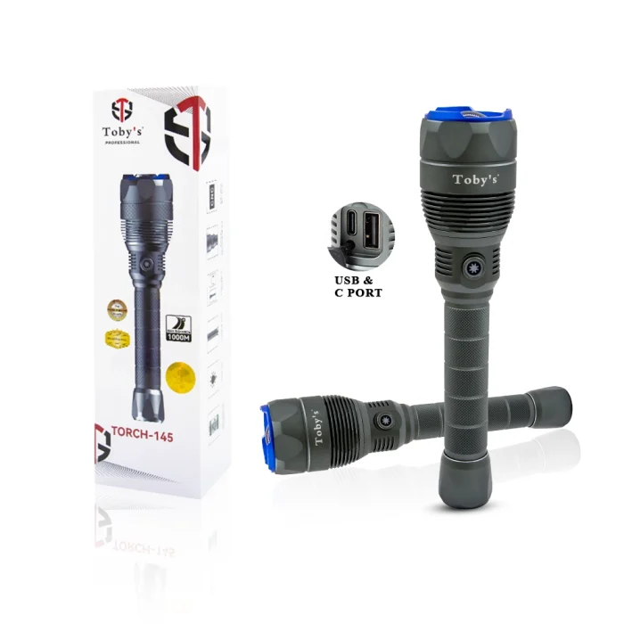 Toby's Torch-145 Rechargeable LED Flashlight with Great Lumen Bright Powerful Torch Light - High Strength Aluminum Alloy - Long Lasting Battery Life