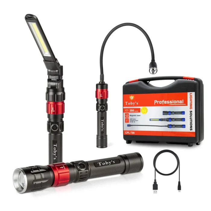 Toby's CPL-T09 3 in 1 Quick Connect Rechargeable Led Work Light Kit with Magnetic Base, LED Flashlight with Flexible Gooseneck Light and Slim Bar Light,4000MA Battery and USB-C Charge