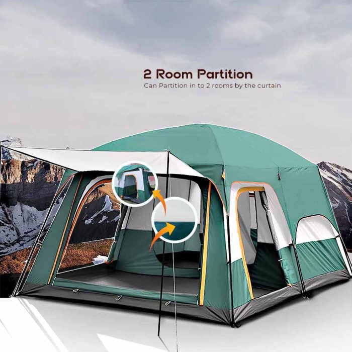 Tobys New 6-8 Person Double Layer Outdoor Camping Tent, A Bedroom And A Living Room, Family Cabin (Green)