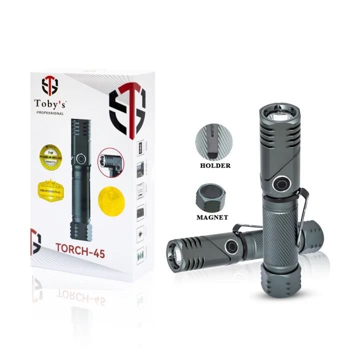 Toby's Torch-45 Rechargeable LED Bright Powerful Torch Light - High Strength Aluminum Alloy - Long Lasting Battery Life