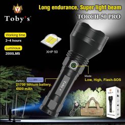 Toby's New Torch 50 Pro Multi-Functional USB Rechargeable Aluminum Alloy Safety Emergency 21700 Power LED Flashlight