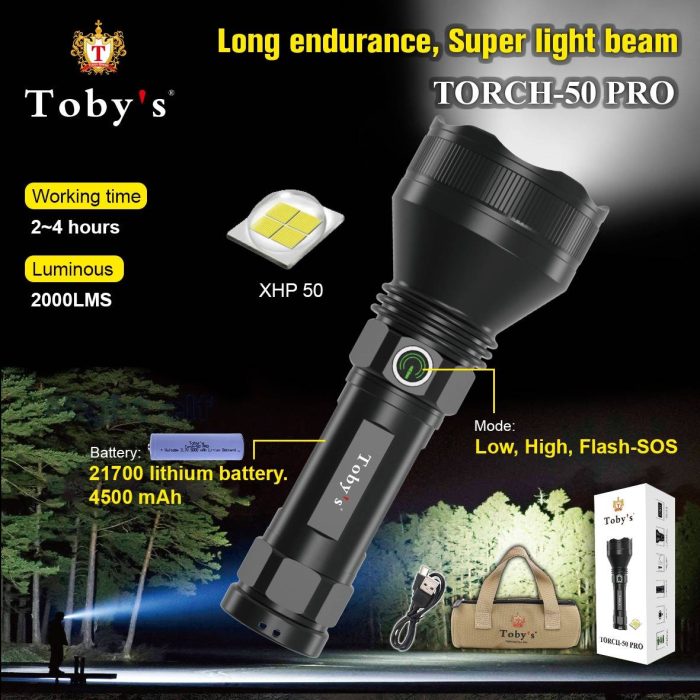 Toby's New Torch 50 Pro Multi-Functional USB Rechargeable Aluminum Alloy Safety Emergency 21700 Power LED Flashlight