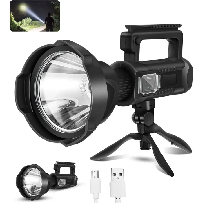 Toby's Rechargeable High Lumens Spotlight Flashlight, 2000 Lumens Super Bright LED Searchlight with Tripod, 4 Modes, IPX5 Waterproof, Handheld Spotlight for Camping, Home Security, Emergency