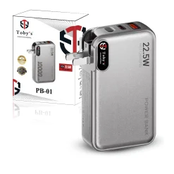 Toby’s PB-01 10000mAh Power Bank 22.5W Fast Charging 3 in 1 AC Charger with Built-in Lightning & Type-C Cables, USB-A & Type-C Outputs