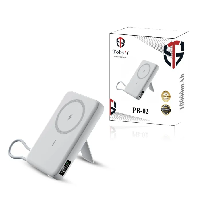 Tobys PB-02 MagSafe Wireless Power Bank 10000mAh 18W Fast Charging with Type-C Input, 3-Port Output & Built-in Bracket for iOS & Android