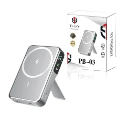 Tobys PB-03 Magnetic Wireless Power Bank 10000mAh 20W Fast Charging with 15W Wireless, Built-in Cable, 3-Port Output & Portable Bracket