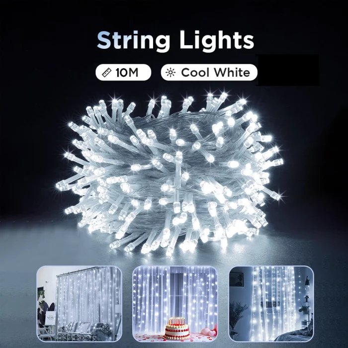 Toby’s 10M Multi-Function LED Curtain String Lights – Cool White Fairy Lights for Indoor & Outdoor Decoration, Parties, Christmas, and Camping