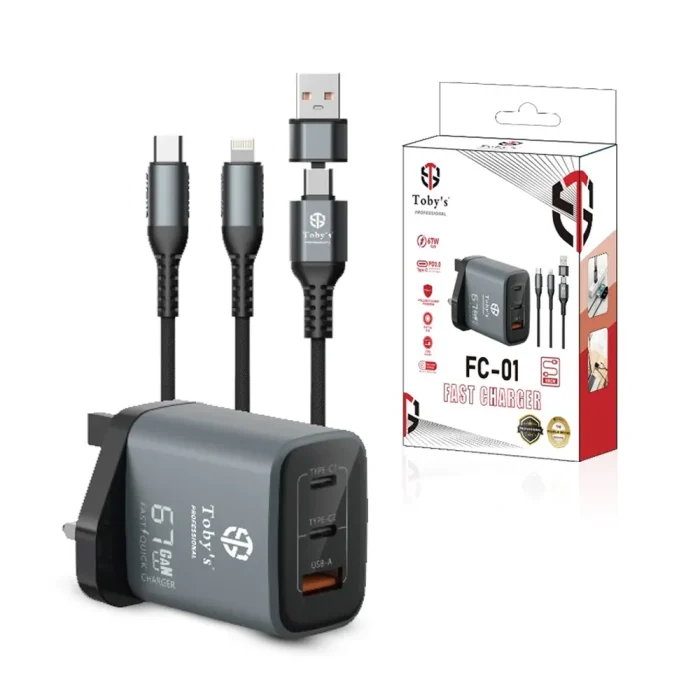 Toby’s FC-01 67W GaN Fast Charger with Dual Type-C & USB-A – PD3.0 QC3.0 Super Fast Charging UK Plug with Type-C & Lightning Cable