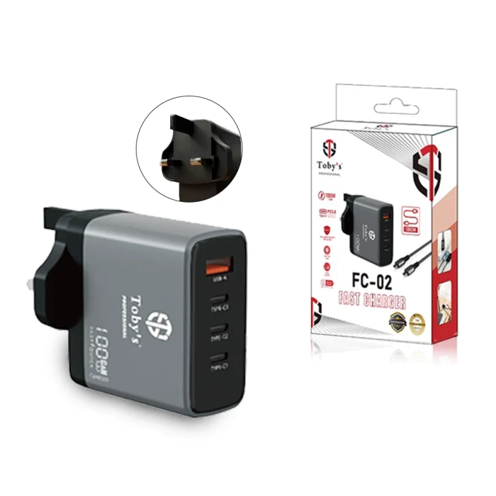Toby’s FC-02 100W GaN Fast Charger with 3 Type-C & USB-A PD3.0 QC3.0 Multi-Port UK Plug Adapter with 100CM Cable