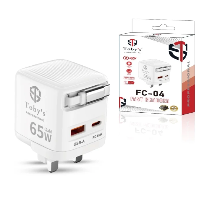 Toby’s FC-04 65W GaN Fast Charger UK 3-Pin Plug USB-C PD 65W + USB-A + Built-in Type-C Cable, Smart Protection, 100V-240V Universal Voltage Wall Charger