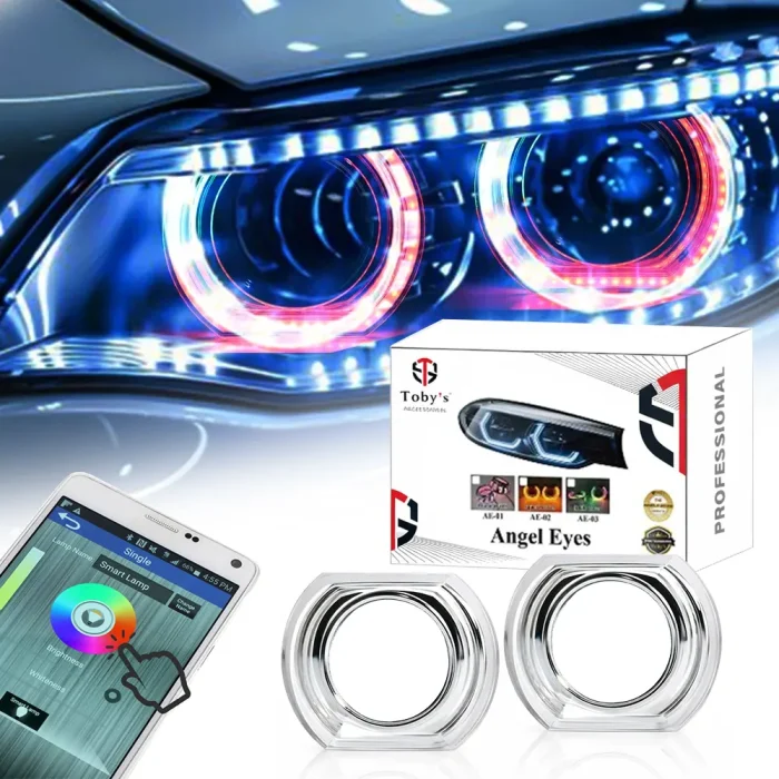 Toby’s AE-03 RGB Angel Eyes Projector Lens Cover Bluetooth LED Headlight Halo Rings DRL + Turn Signal, App Controlled, Multi-Color RGB Hexagon Car Headlight Ring Set (Pair)