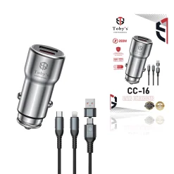 Toby’s CC-16 200W Fast Car Charger with USB-C PD & USB-A Port, Multi Charging Cable, 12-24V Universal Car Adapter