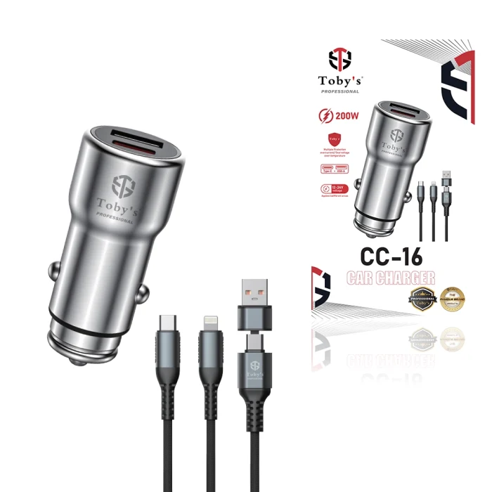 Toby’s CC-16 200W Fast Car Charger with USB-C PD & USB-A Port, Multi Charging Cable, 12-24V Universal Car Adapter