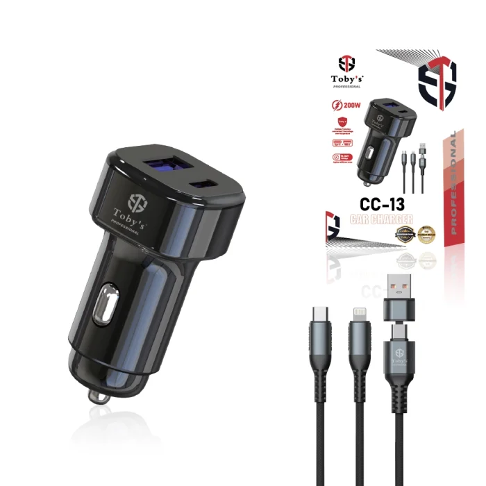 Toby’s CC-13 Fast Car Charger 100W PD USB-C & USB Fast Charging, 12V-24V Dual Port Car Adapter with 3-in-1 Charging Cable