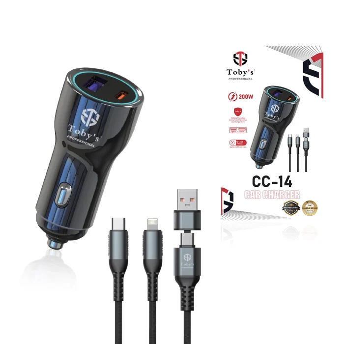 Toby’s CC-14 200W Fast Car Charger with Type-C & USB Port, 1M Multi Charging Cable, 12-24V Universal Car Adapter