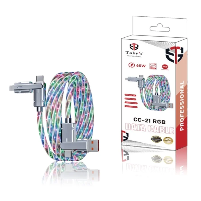Toby’s CC-21 RGB 65W Fast Charging Data Cable, 4-in-1 Multi Connector LED Cable, Type-C to Type-C / USB-A to Type-C / Lightning, 480Mbps Sync