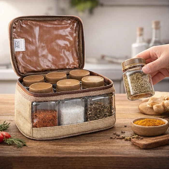 AL GHAFA Portable Camping Spice Kit with 6 Storage Jars, Travel Spice Organizer Bag, 350ml Glass Containers for BBQ, Camping, Picnic and Outdoor Cooking