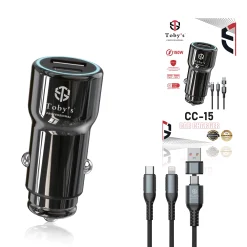 Toby’s CC-15 150W Fast Car Charger with USB-C & USB-A Port, 1M Multi Charging Cable, 12-24V Universal Car Adapter