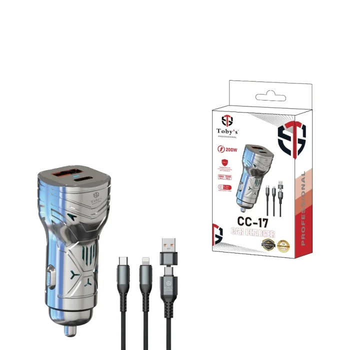 Toby’s CC-17 200W Fast Car Charger with USB-C PD & USB-A Port, Multi Charging Cable, 12-24V Universal Car Adapter