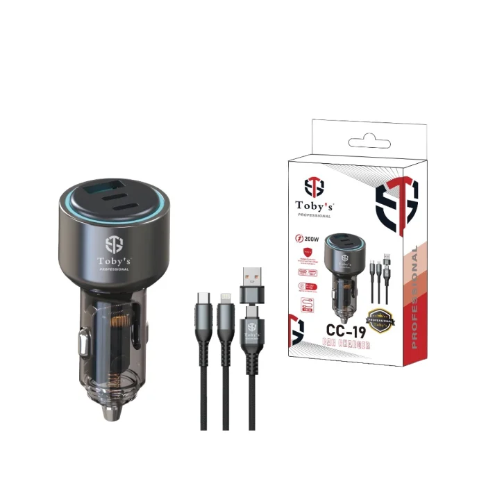 Toby’s CC-19 200W Fast Car Charger with USB-C PD & USB-A Port, Multi Charging Cable, 12-24V Universal Car Adapter