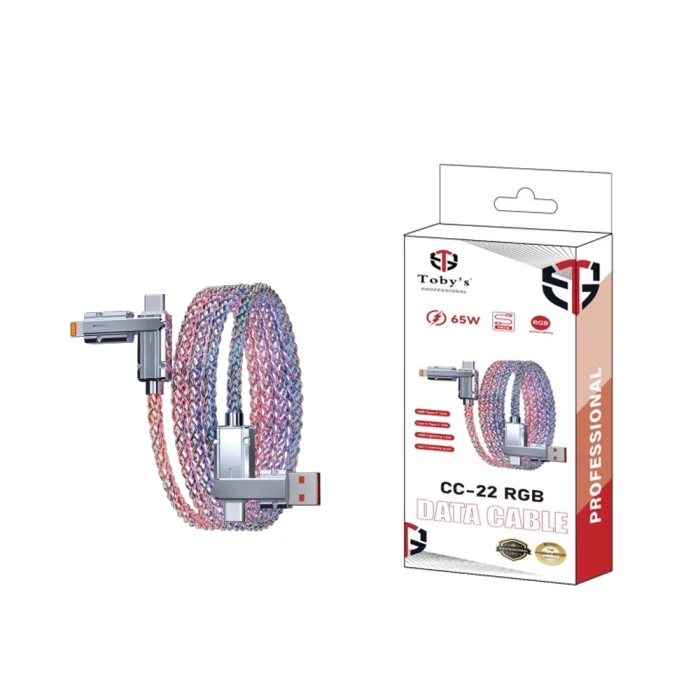Toby’s CC-22 RGB 65W Fast Charging Data Cable, 4-in-1 Multi Connector LED Cable, Type-C / Lightning / USB, 480Mbps Data Transfer
