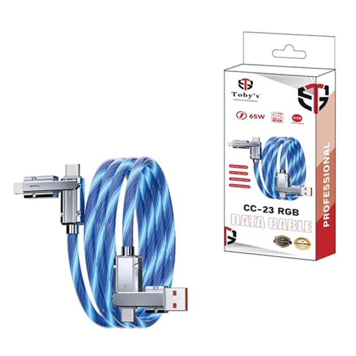 Toby’s CC-23 RGB 65W Fast Charging Data Cable, 4-in-1 Multi Connector LED Cable, Type-C / Lightning / USB, 480Mbps Data Transfer